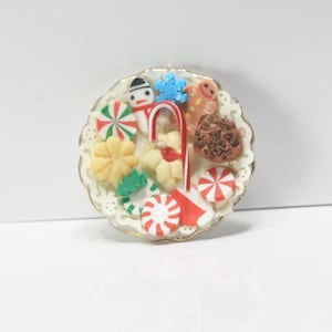Dollhouse Miniature Artisan Plate of Christmas Holiday Cookies on a Gold Trimmed Ceramic Plate
