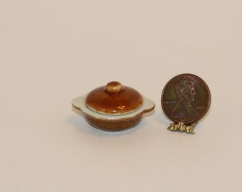 Dollhouse Miniature Brown Glazed Ceramic Serving Bowl w/ Lid