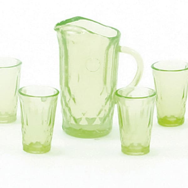 Dollhouse Miniature Chrysnbon Green Pitcher and 4 Glasses from the Depression Era Collection