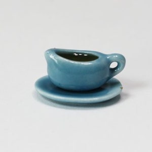Dollhouse Miniature Filled Gravy Boat with Saucer in Blue Ceramic