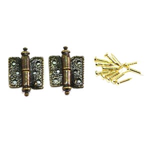 Dollhouse Miniature Set of 2 Hinges with 12 Pins in Antique Brass by Town Square Miniatures
