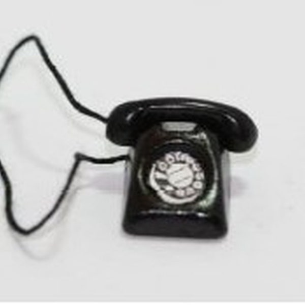 Miniature Rotary Telephone - 1:12 Scale Dollhouse Black Vintage Phone