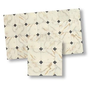 May include: Cream-colored tile flooring with a marble-like pattern and dark gray square accents. The tiles are arranged in a grid pattern, creating a classic and elegant look. The flooring appears to be new and unused, suitable for various interior design projects.