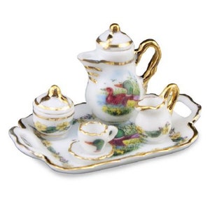 Dollhouse Miniature Wild Duck Coffee or Tea Set w/Tray by Reutter Porcelain