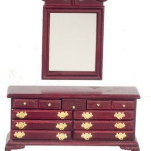 Dollhouse Miniature Traditional Working Dresser with Mirror in Mahogany