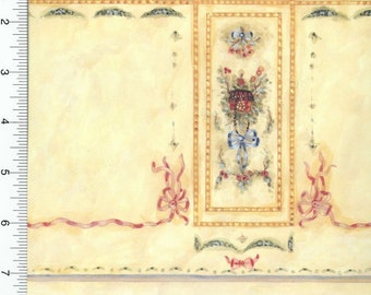 May include: Watercolor painting of a wall panel with a cream-colored background. The panel features decorative elements including floral arrangements, ribbons, and gold trim. The design is reminiscent of a classic, vintage style.