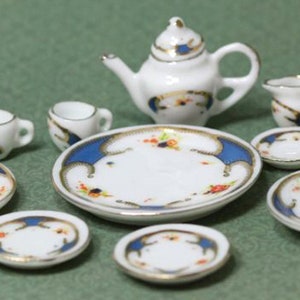 Dollhouse Miniature Blue and Gold Fine Porcelain Dinner/Tea Set