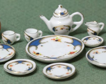 Dollhouse Miniature Blue and Gold Fine Porcelain Dinner/Tea Set