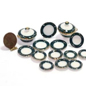 Dollhouse Miniature Ceramic Dinner Set in Dark Green &Gold