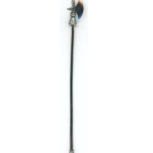 May include: A miniature silver and black halberd with a spear point, axe blade, and decorative elements. The pole is dark, and the axe blade has blue and orange hues. The halberd is a historical weapon.
