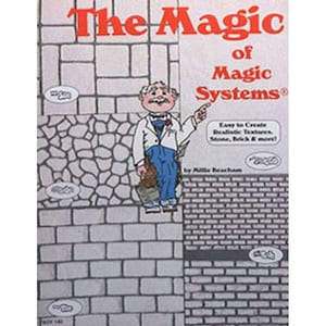 May include: A book cover titled "The Magic of Magic Systems" with a cartoon illustration of a man in a white coat and blue overalls. The cover features text about creating realistic textures, stone, brick, and more.