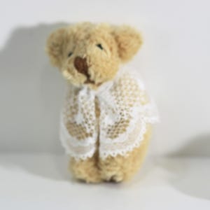Dollhouse Miniature Brown Fluffy Teddy Bear with a White Lace Shawl 
