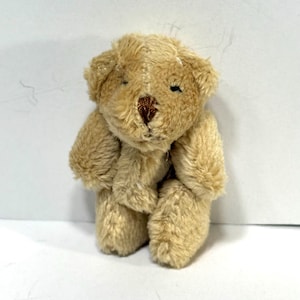 May include: A small, light tan plush teddy bear with soft, fuzzy fur, rounded ears, and a dark brown stitched nose. The bear has closed eyes and is depicted in a seated position with its arms resting against its body.