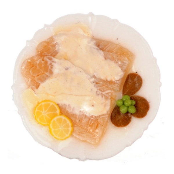 Dollhouse Miniature Filet of Sole with White Sauce on a Porcelain Plate by Falcon Miniatures