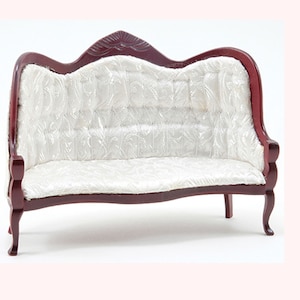 Dollhouse Miniature Victorian Sofa in Mahogany and White Brocade by Handley House