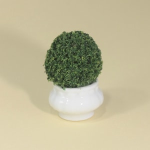 Dollhouse Miniature Round Green Topiary in an Embosses White Ceramic Pot