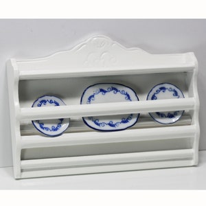 Dollhouse Miniature White Plate Rack with Blue and White Plates