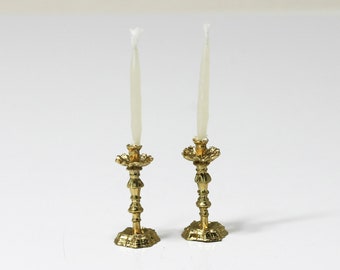 Dollhouse Miniature Pair of Elegant Candle Sticks in Gold Metal with Real Wax Candle