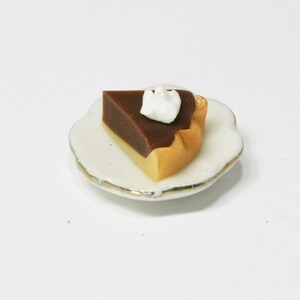 Dollhouse Miniature Artisan Slice of Chocolate Pie on a Ceramic Plate Trimmed in Gold