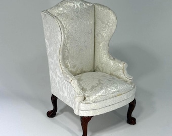 Miniature White Damask Wing Chair