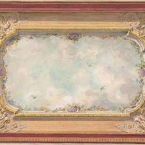 May include: An ornate ceiling painting featuring a sky scene with clouds and birds. The painting is framed with a burgundy border and gold accents. Decorative elements include floral and scroll designs in pastel colors.