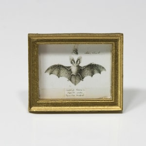 Dollhouse Miniature Art- Grey Vintage Look Bat in a Gold Frame