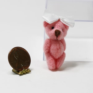 Dollhouse Miniature  Pretty Pink Teddy Bear with White Bow