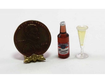 Dollhouse Miniature Brown Bottle of Beer and Pilsner Glass Set