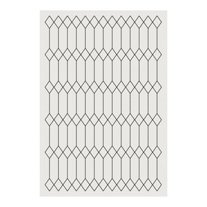 May include: Geometric pattern featuring a repeating design of interconnected diamond and elongated hexagon shapes. The black lines create a symmetrical, grid-like pattern on a light beige background. The design is simple and modern.