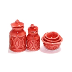 Dollhouse Miniature Orange Embossed Kitchen Canister and Nesting Bowl Set