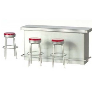 Dollhouse Miniature 1950&#39;s Style Counter with 3 Stools in Red