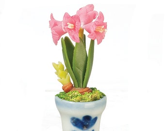 Dollhouse Miniature Floral - Amaryllis in a Blue and White Ceramic Pot