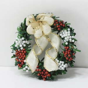 Dollhouse Miniature 1:12 Scale Holiday Christmas Wreath in Gold Trimmed Ivory Ribbon with Berries and Mistletoe