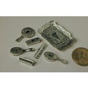 Dollhouse Miniature Polished Pewter Hair Brush Set w/Tray