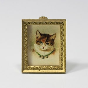 Dollhouse Art - Vintage Look Holiday Cat in a Tiny Gold Frame