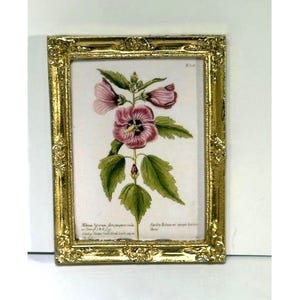 Dollhouse Art - Vintage Hollyhock in a Gold Metal Frame