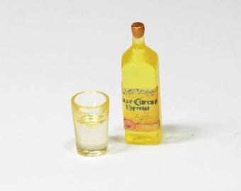 Dollhouse Miniature Bottle of Tequila with a Filled Glass