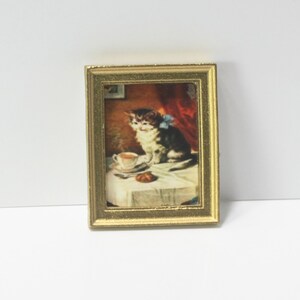 Dollhouse Art - Framed Kitty with Blue Bow Having Tea in a Gold Frame