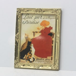 Dollhouse Miniature Art - Vintage Look French Milk Advertisement in a Gold Metal Frame