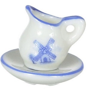 Dollhouse Miniature Pitcher and Bowl in White & Blue