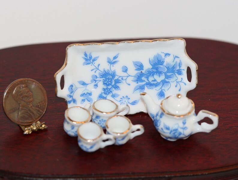 Dollhouse Miniature Blue and White Tea Set on a Tray Etsy