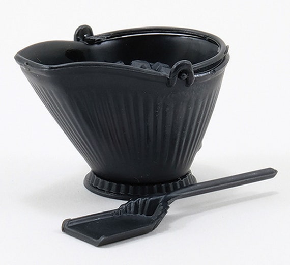 Dollhouse Miniature Coal Scuttle With Shovel and Coal by Chrysnbon