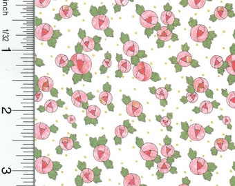 May include: A repeating pattern of pink roses with green leaves and small gold dots on a white background. The roses are drawn with a pencil-like texture. The pattern is suitable for fabric or wallpaper.