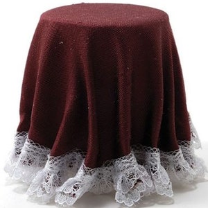 Dollhouse Miniature Burgundy Skirted Table w/Lace Trim by Chrysnbon