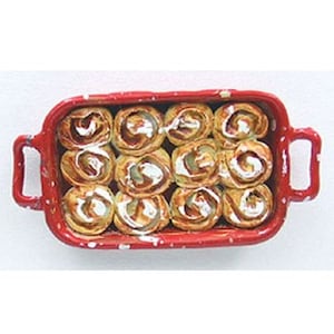 Dollhouse Miniature Freshly Baked Cinnamon Rolls in a Red Spatterware Baking Pan