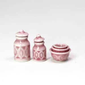 Dollhouse Miniature Pink Ceramic Kitchen Canister and Bowl Set