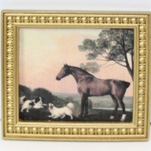 Dollhouse Art - Famous Victorian Painting of  a Horse with 2 Dogs in Gold Frame