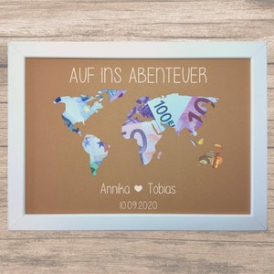 Individuelles Geldgeschenk Abenteuer Weltkarte Kraftpapier Hochzeit Reise Flitterwochen Geburtstag Landkarte Geschenkidee Adventure Ehe Love