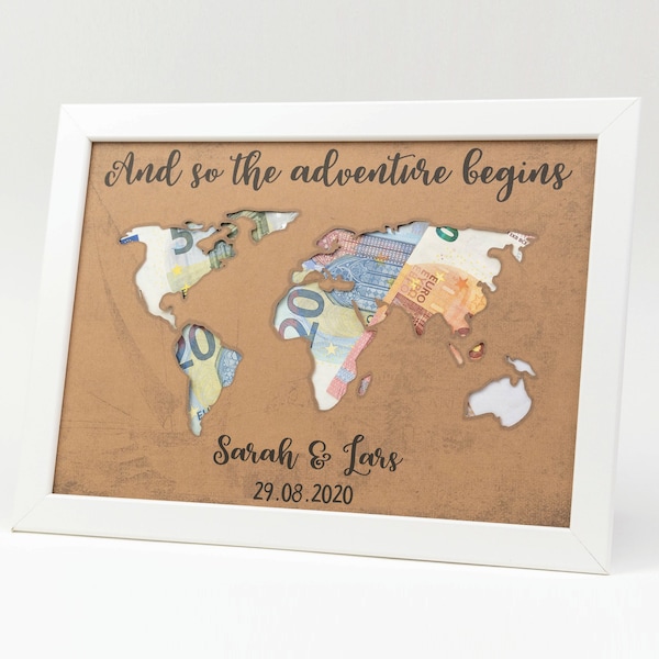 Individuelles Geldgeschenk Landkarte Weltkarte Kraftpapier Hochzeit Reise Flitterwochen Geburtstag Abenteuer Geschenkidee Adventure Ehe Love