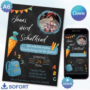 Convite para matrícula escolar para meninos | Convite digital para volta às aulas com foto | Modelo Canva A6 para impressão e convite para celular